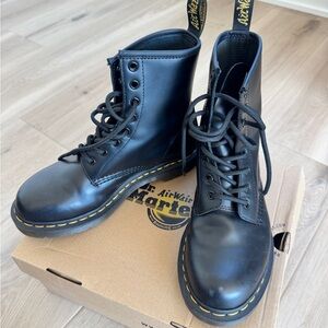 Dr. Martens Black Leather 8-Eye Boots with Yellow Stitching